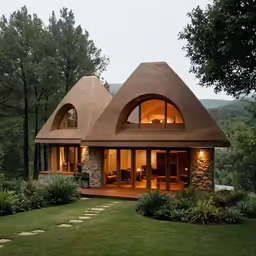 the house with a thatched roof is located in a beautiful outdoor setting