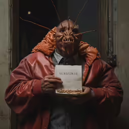 a person with an object in hand wearing a demon mask