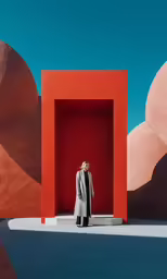 a woman standing in front of an abstract red structure