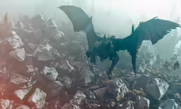 a giant, black demon flying over rocks and rocks