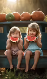 two girls sitting on a blue truck holding slices of watermelon