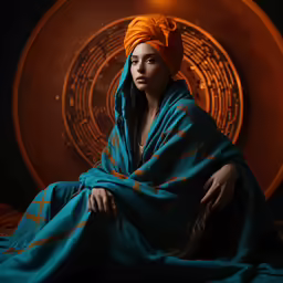 woman sitting in front of an orange wall and cloth covering