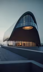 a curved building has glass walls and a sky line in the background