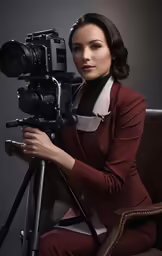 a woman is setting up a movie camera on a tripod