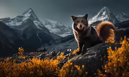 a bear sitting on top of a rock near the mountains