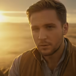 a man standing in front of a sunset on top of a field