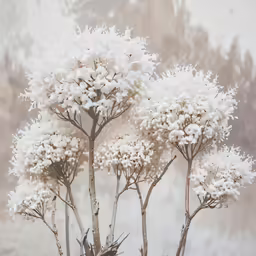 three white flowers blooming on trees in a snow storm