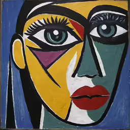 a painting with multiple color shapes and eyes