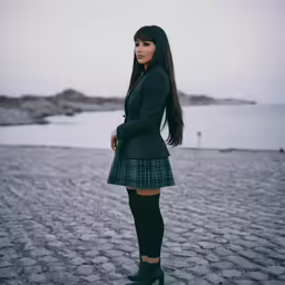 a young woman with long hair is standing in a street