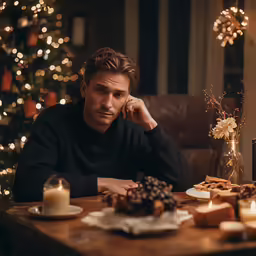 the young man is setting at the table with the lights on