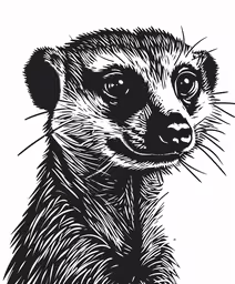 the drawing of a meerkat looks upward,a black and white drawing of a animal