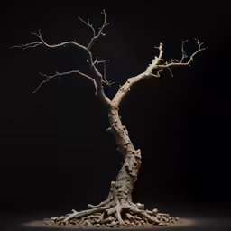 a bare tree standing in a pile of pebbles