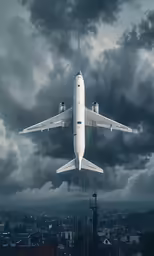 a white airplane is flying in the dark clouds