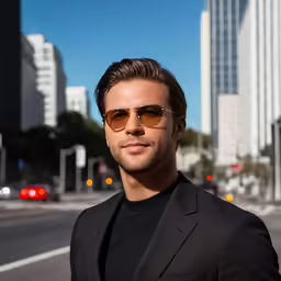 a man in a suit stands by a road and wears sunglasses