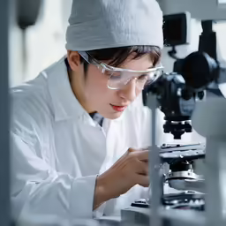 the young man is wearing goggles in his lab