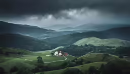 house on a hilltop in the mountains under stormy skies