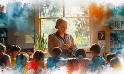 a woman standing with some kids in a room