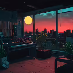 a bedroom with an organ, windows and a sunset
