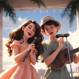 two young children, one girl and the other boy, both sing into microphones
