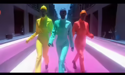 three people are walking with bright colored paint all over their body