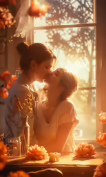 the two women are kissing together by the window