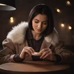 woman in a tan coat eating food with a candle light