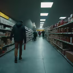 a man with two briefcases and a long coat is walking down an aisle in a store