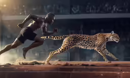 a man running alongside a jaguar in an arena