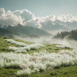 fog on the ground near mountains and grass