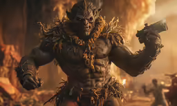 a demonic creature with two guns in his hand