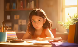 girl sitting in front of a desk with pencils on it