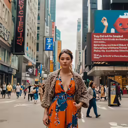 a woman is standing on the street in a city