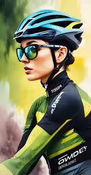 a cyclist with sunglasses and a helmet,the man in cycling gear wears sunglasses and is wearing green