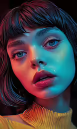 the woman is wearing neon makeup and she is looking at the camera