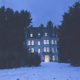 a big house is out on the snow covered hill
