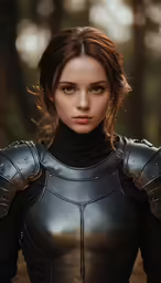a beautiful young woman dressed as an armor woman in the woods