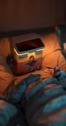 a yellow and red suitcase that is on top of a bed