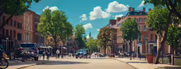 a painting of people walking down the street in front of some cars