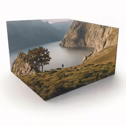an empty box with a photo of people on a hill next to a lake