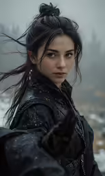 a young lady with brown hair wearing black is standing on the hillside in the fog