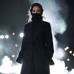 a woman in black suit with a long nose