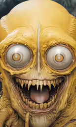a close up of an evil face with eyes