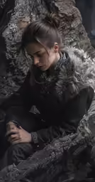 a woman sitting down wearing winter clothes next to rocks