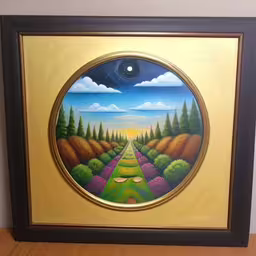 a painting of an empty road is hanging on the wall,the painting in the frame shows an empty, winding path