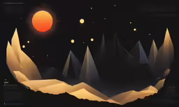 a digital illustration of a mountain range with an orange sun above it