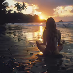 a person in a bathing suit sitting on the beach with the sun shining behind them,the woman is meditating on her yoga mat in front of the sunset