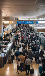 people walking in a large airport area with lots of luggage