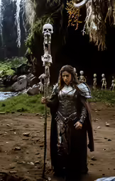 a woman holding a long stick standing next to a skeleton