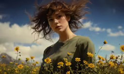 there is a girl with long hair standing in the flower