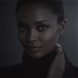 a dark skinned girl has her hand on her chin